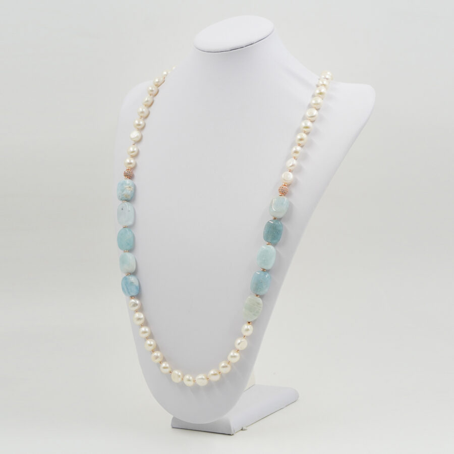 Collana con perla, acquamarina milk azzurra, elemento in ottone con zirconi, chiusura in argento – Rosè - immagine 3