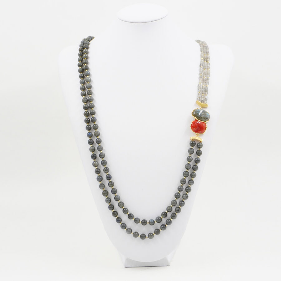 Collana Multifilo con labradorite, centrale con corallo e labradorite e chiusura in argento – Dorato - immagine 2