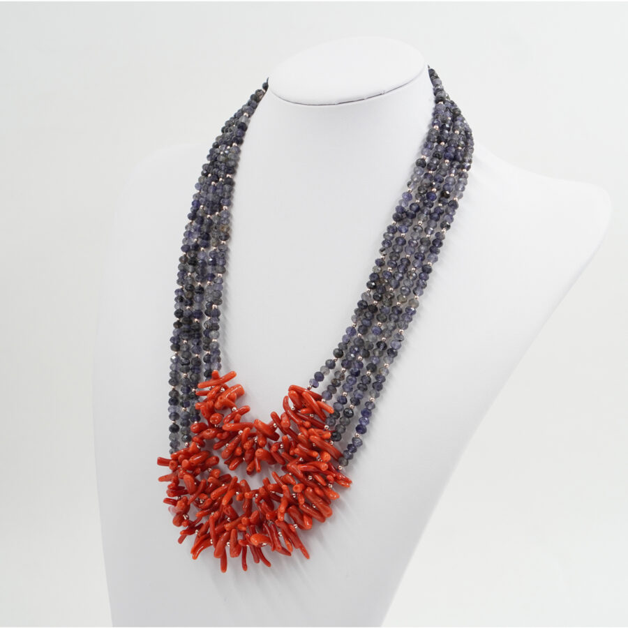 Collana Multifilo con iolite, corallo, chiusura in argento – Rosè - immagine 2