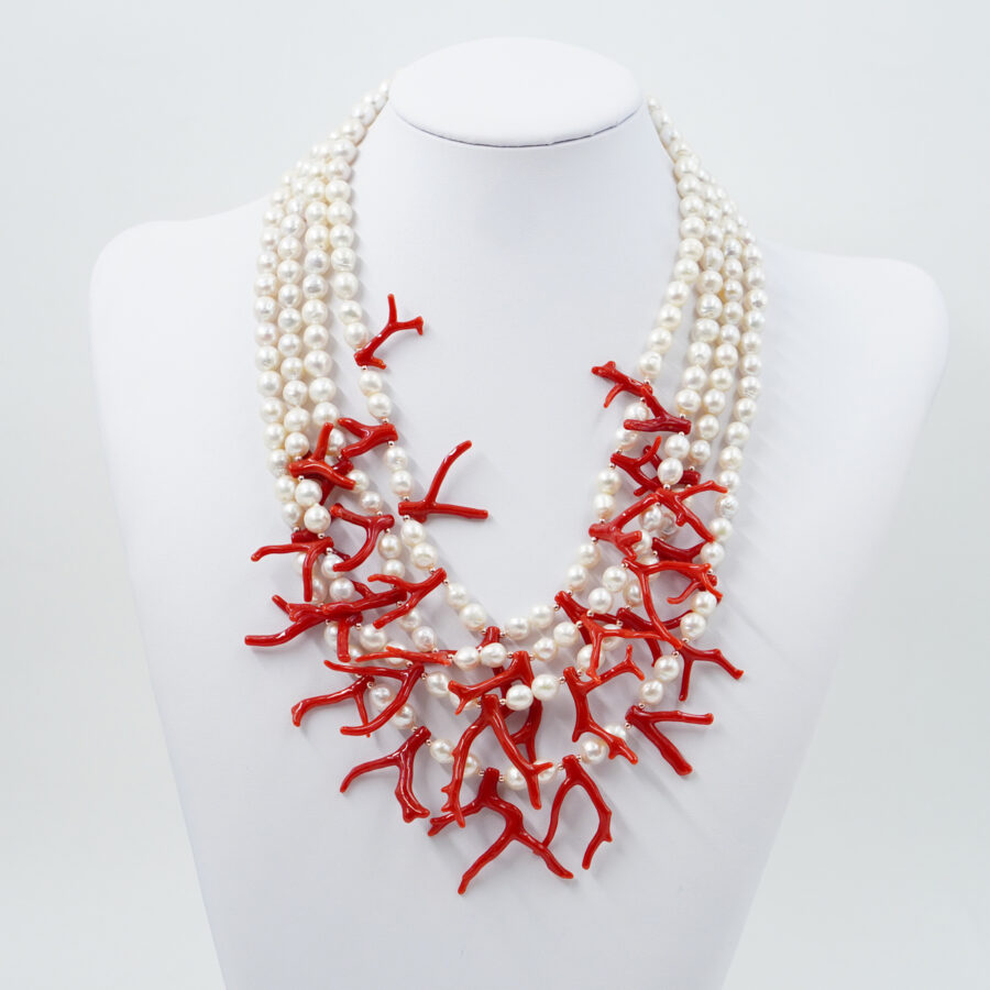 Collana Multifilo con perla, corallo, chiusura in argento - Rosè
