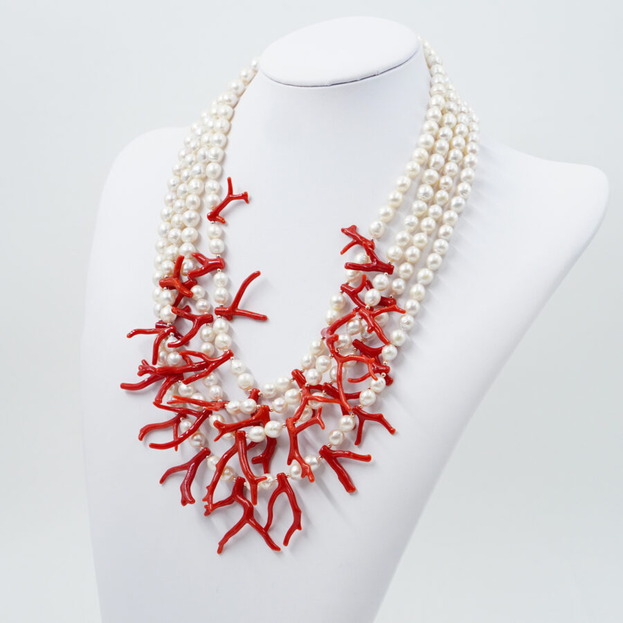 Collana Multifilo con perla, corallo, chiusura in argento - Rosè - immagine 2