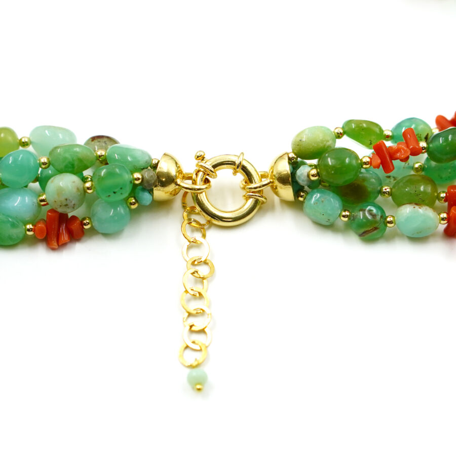 Collana Multifilo con crisoprasio, corallo, chiusura in argento – Dorato - immagine 3