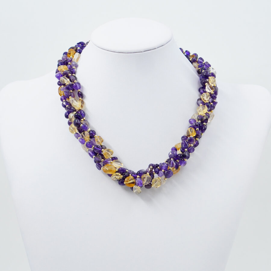 Collana Multifilo con ametista, citrino, chiusura in argento – Dorato