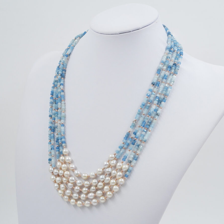 Collana Multifilo con acquamarina, perla, chiusura in argento – Rosè