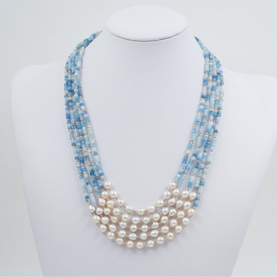 Collana Multifilo con acquamarina, perla, chiusura in argento – Rosè - immagine 2