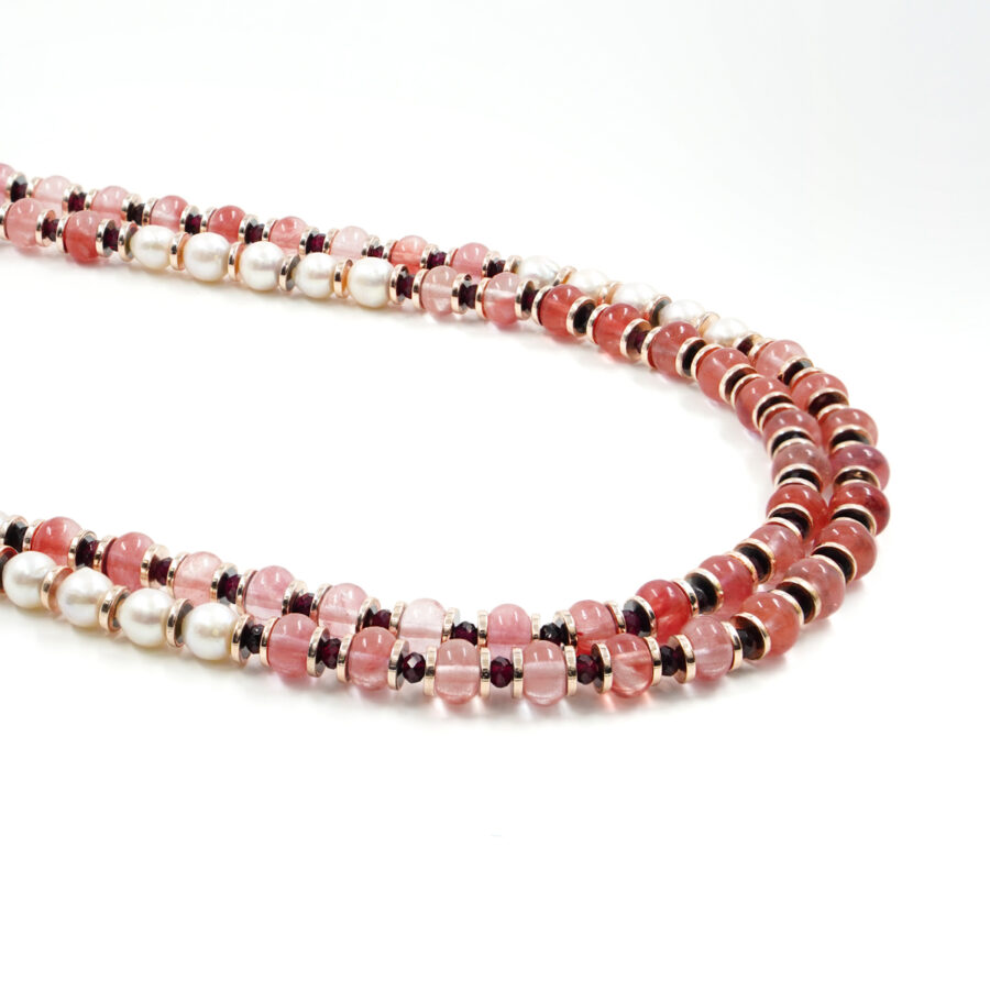 Collana Multifilo con quarzo fragola, granato, ematite, perla, chiusura in argento – Rosè