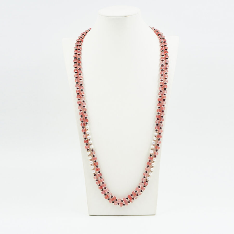 Collana Multifilo con quarzo fragola, granato, ematite, perla, chiusura in argento – Rosè - immagine 2