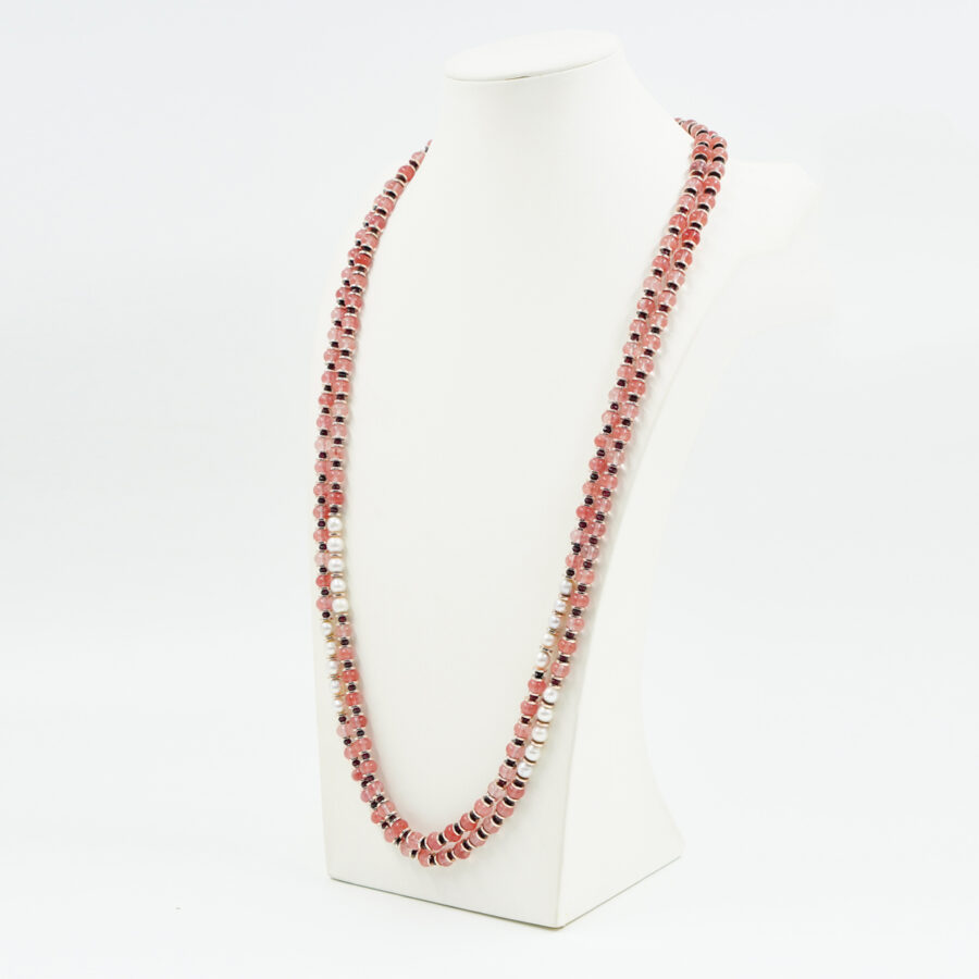 Collana Multifilo con quarzo fragola, granato, ematite, perla, chiusura in argento – Rosè - immagine 3