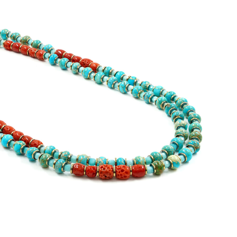 Collana Multifilo con diaspro imperiale, amazzonite, ematite, corallo, chiusura in argento – Dorato