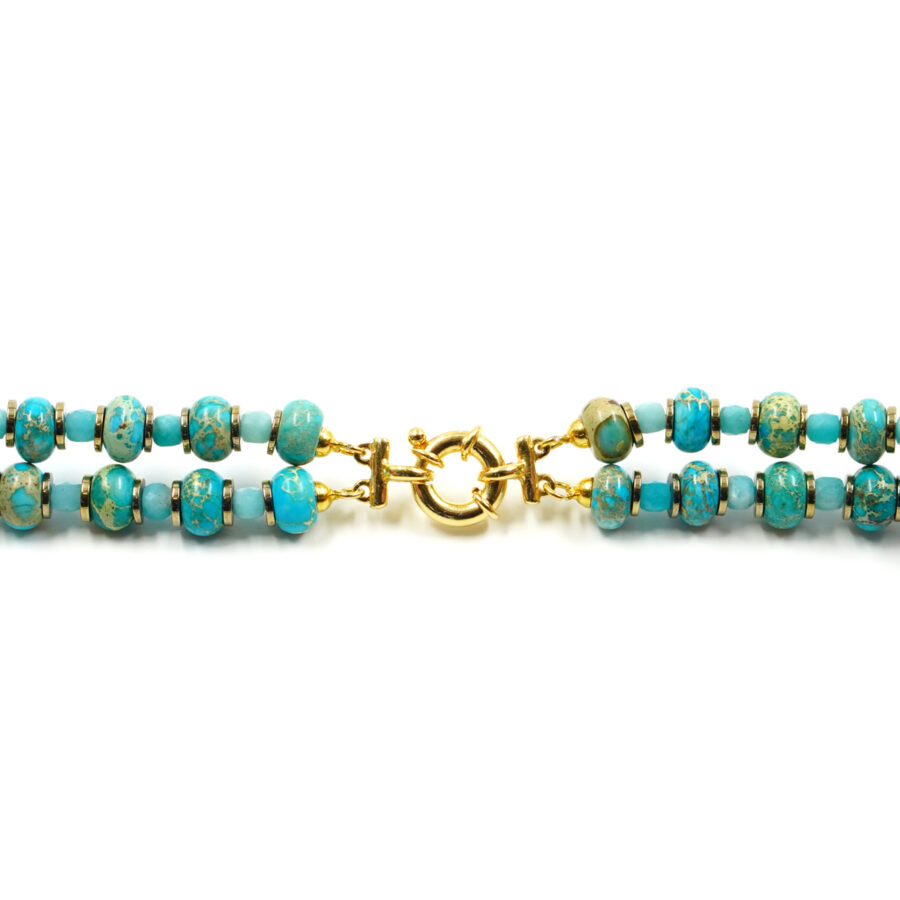 Collana Multifilo con diaspro imperiale, amazzonite, ematite, corallo, chiusura in argento – Dorato - immagine 4