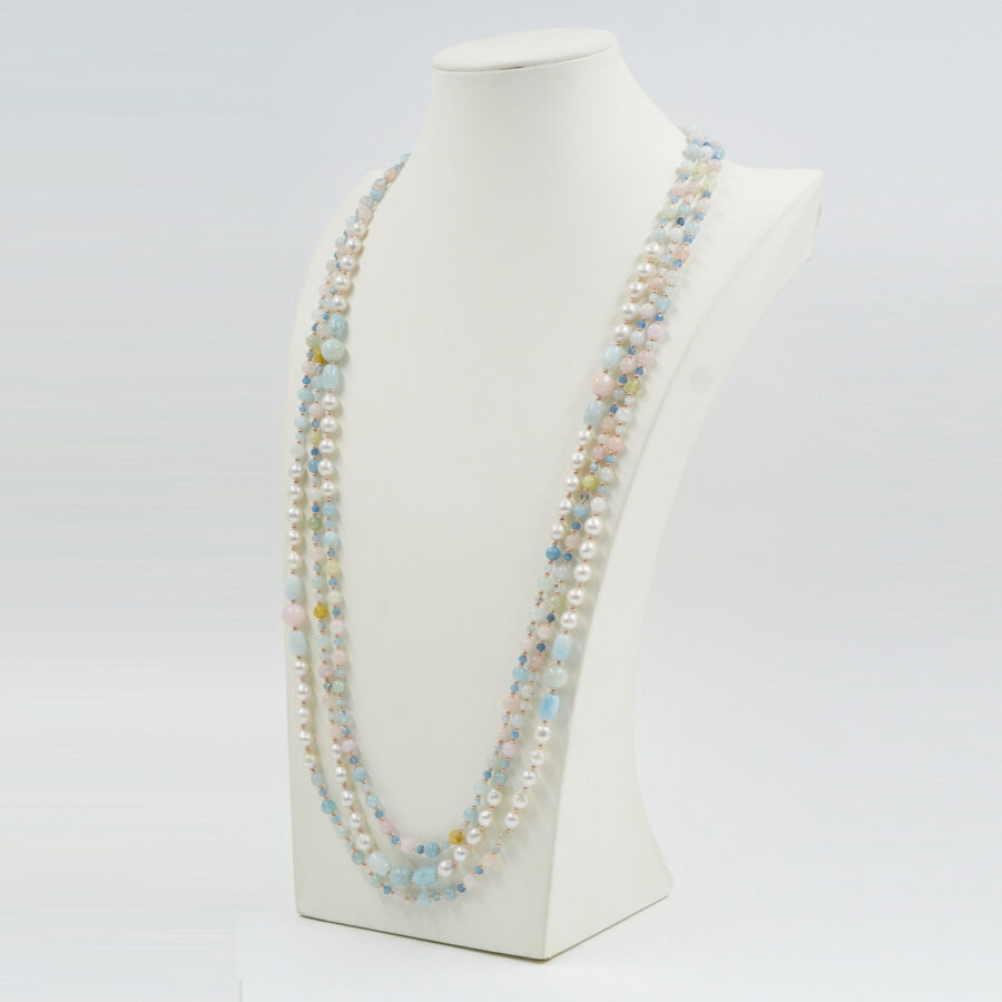 Collana Multifilo con acquamarina, morganite, ematite, perla, chiusura in argento – Rosè