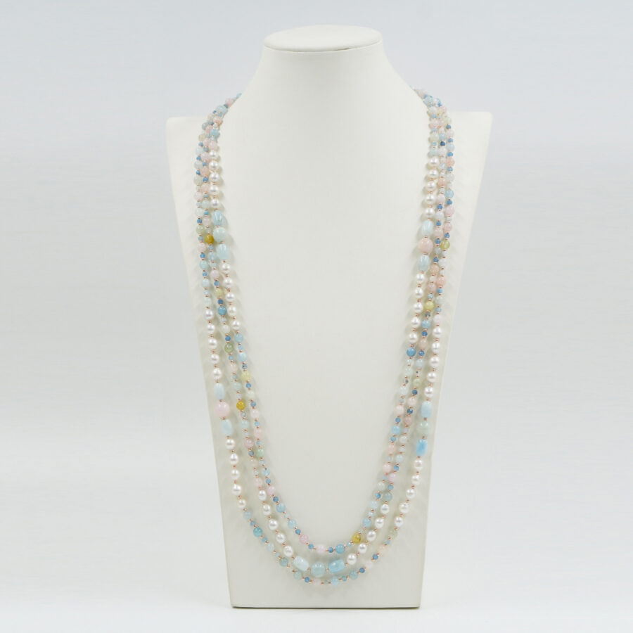 Collana Multifilo con acquamarina, morganite, ematite, perla, chiusura in argento – Rosè - immagine 2