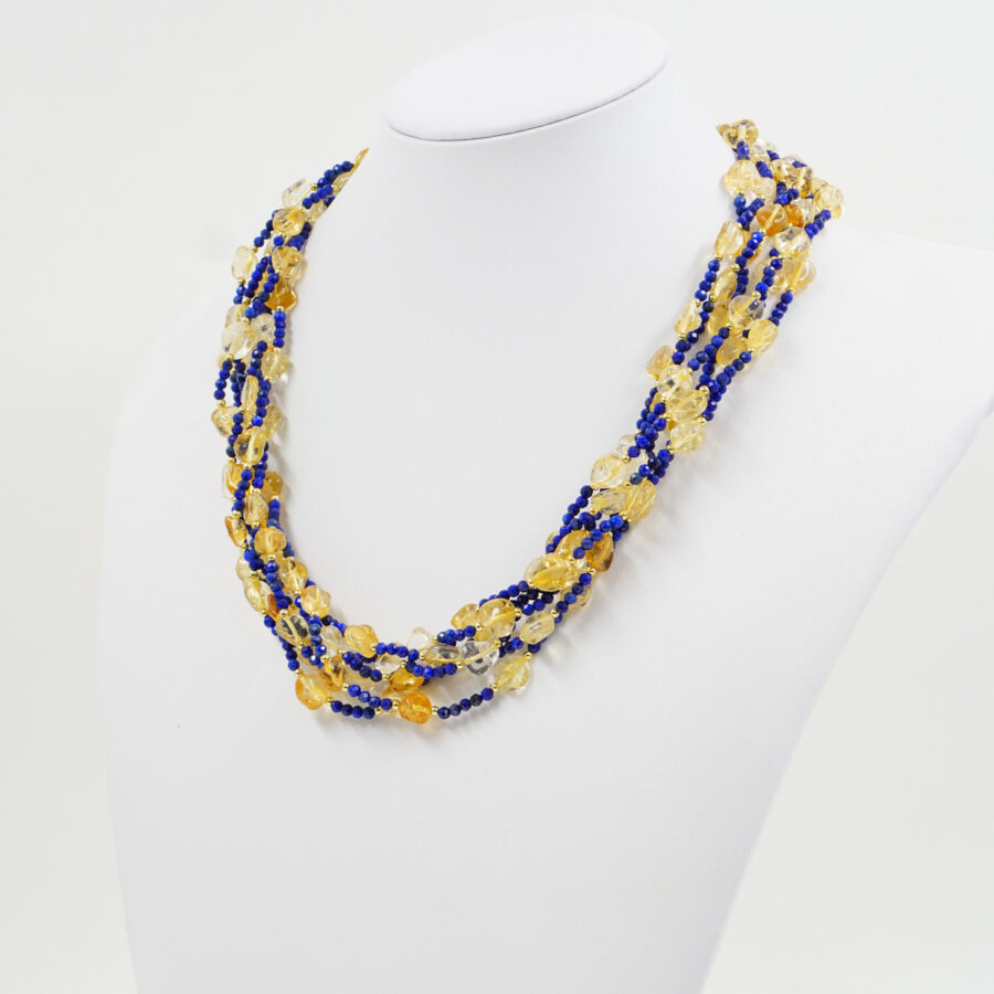 Collana Multifilo con lapis, citrino, chiusura in argento – Dorato
