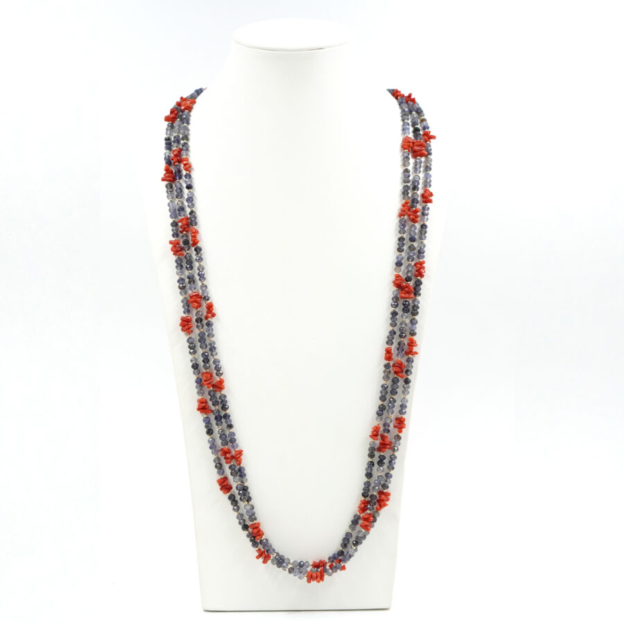 Collana Multifilo con iolite, corallo, chiusura in argento – Dorato - immagine 2