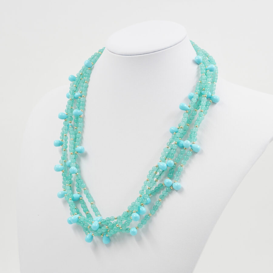 Collana Multifilo con quarzo spugna verde, pasta di turchese, chiusura in argento – Dorato
