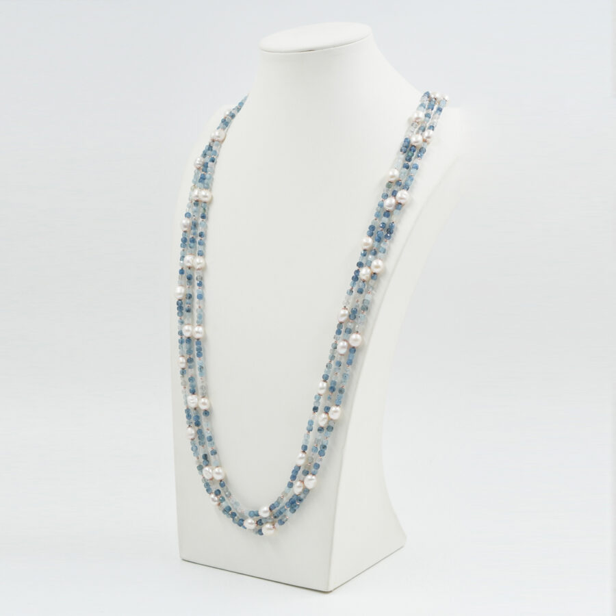 Collana Multifilo con acquamarina, perla, chiusura in argento – Rosè