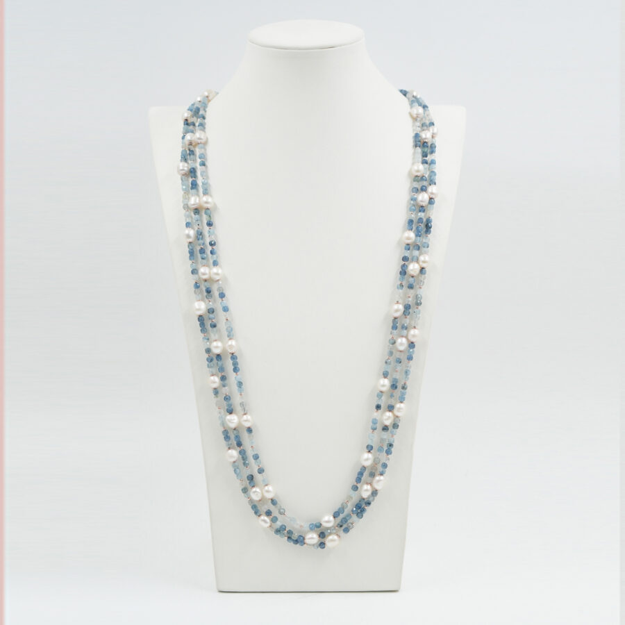 Collana Multifilo con acquamarina, perla, chiusura in argento – Rosè - immagine 2