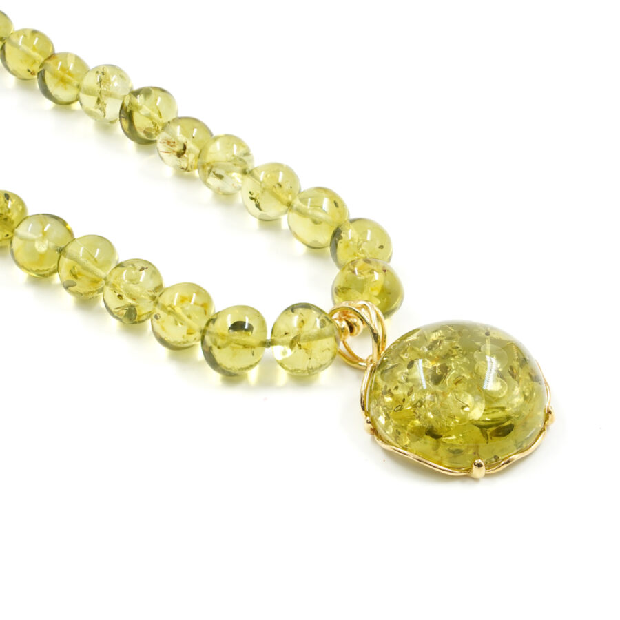 Collana di ambra verde con ciondolo di ambra montato in argento - Dorato