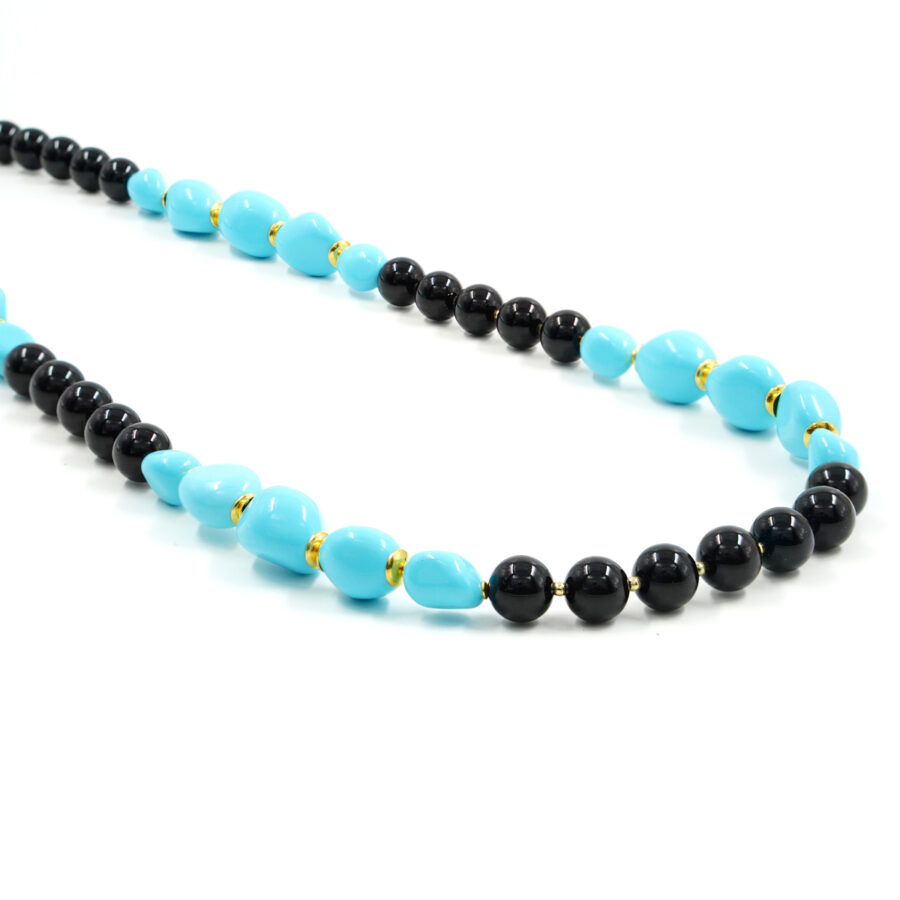 Collana con agata nera, pasta di turchese, chiusura in argento - Dorato