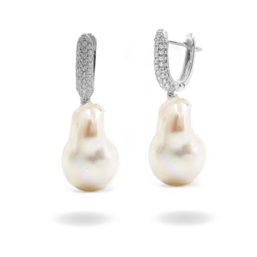 Orecchini in argento con perla barocca e zirconi – Rodiato