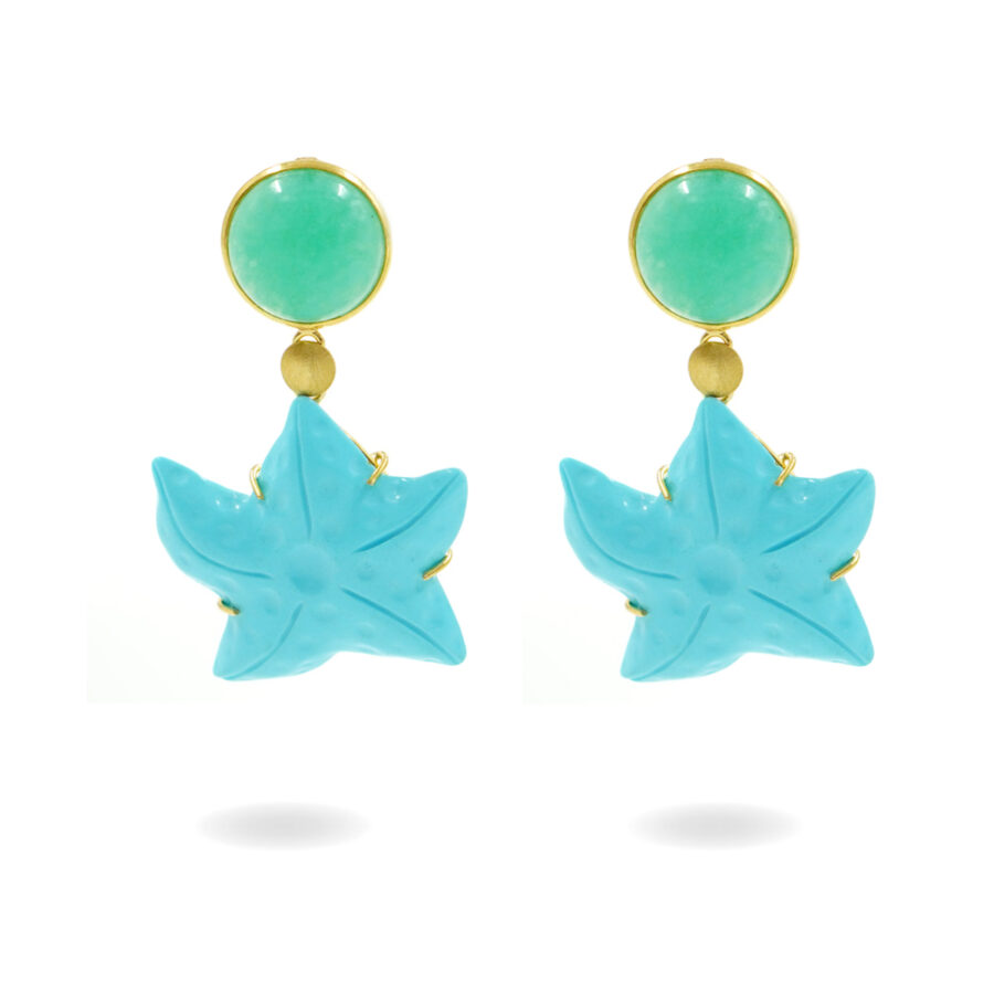 Orecchini in argento con quarzo verde e stella marine in pasta di turchese – Dorato