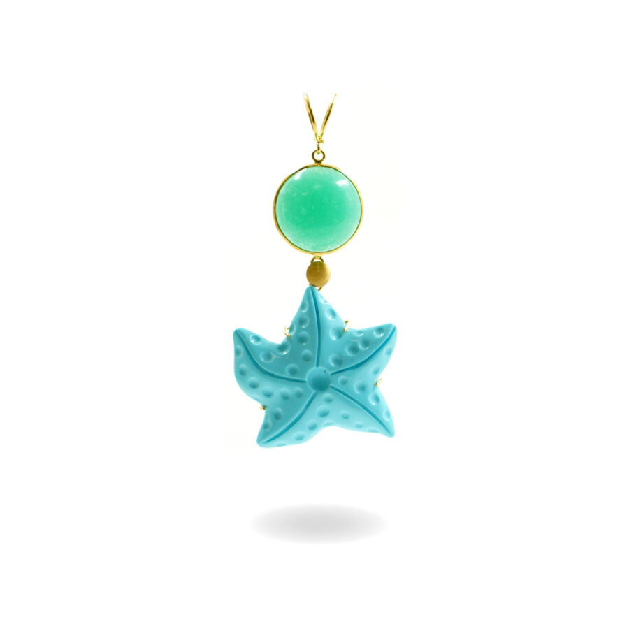 Pendente in argento con quarzo verde e stella marine in pasta di turchese – Dorato