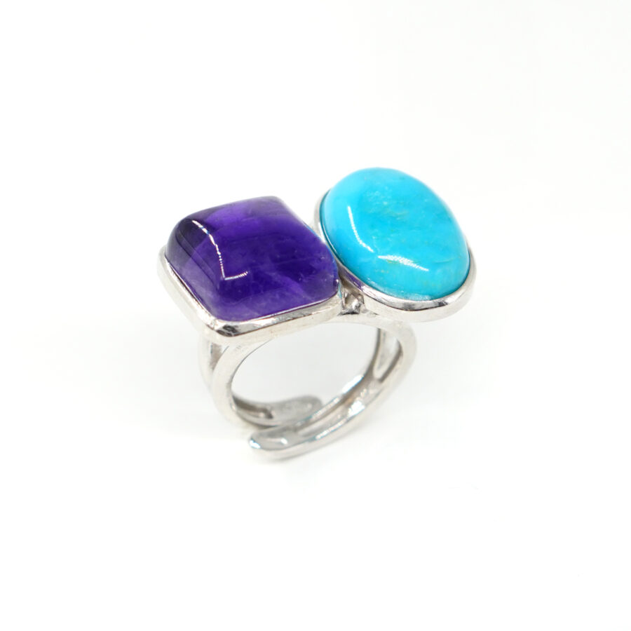 Anello in argento con ametista, turchese naturale -  Rodiato