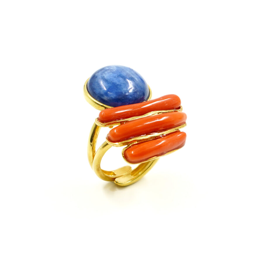 Anello in argento con cianite, corallo - Dorato - immagine 2