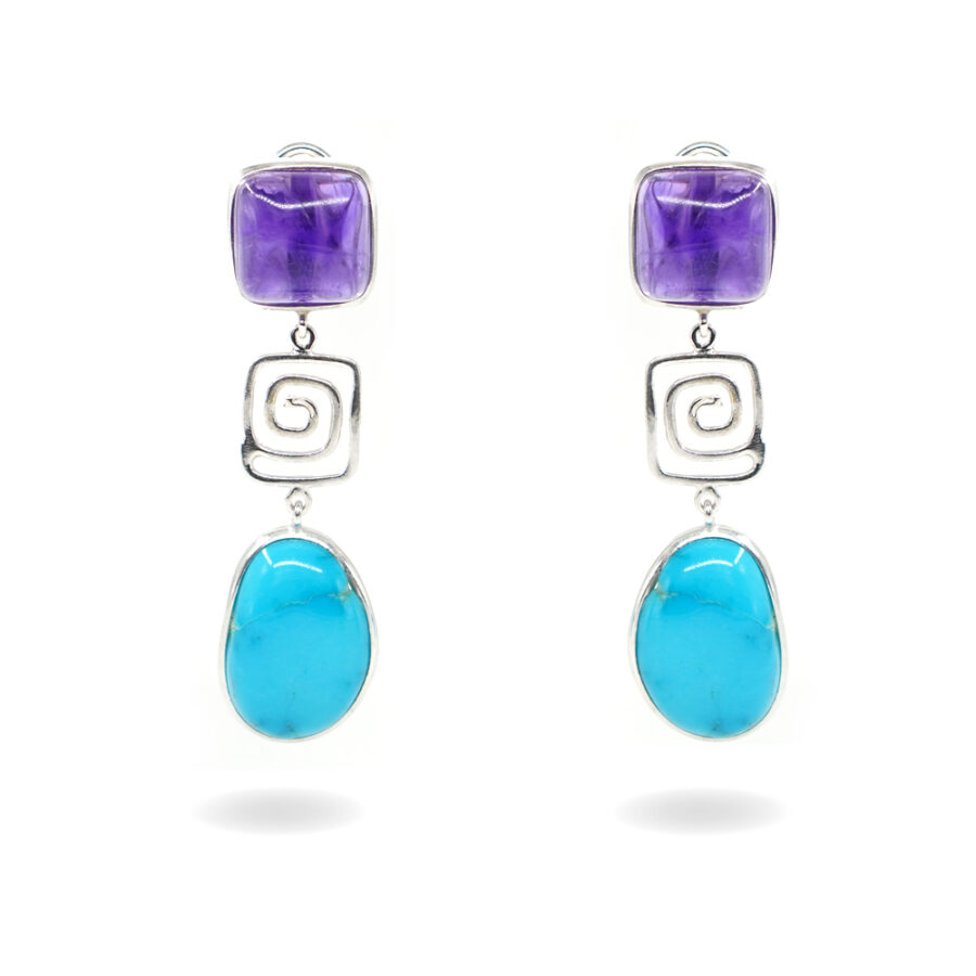 Orecchini in argento con ametista, turchese naturale - Rodiato