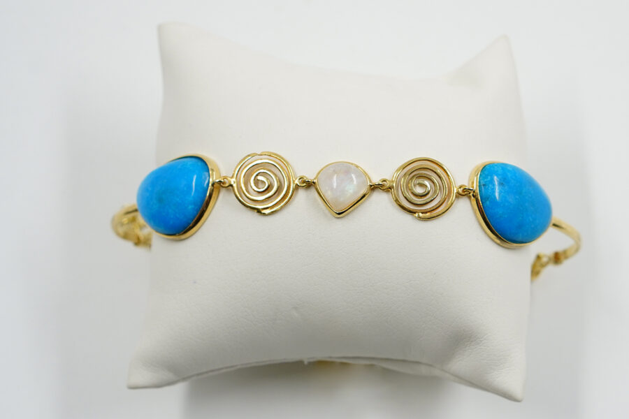 Bracciale in argento con turchese naturale, pietra di luna bianca - Dorato