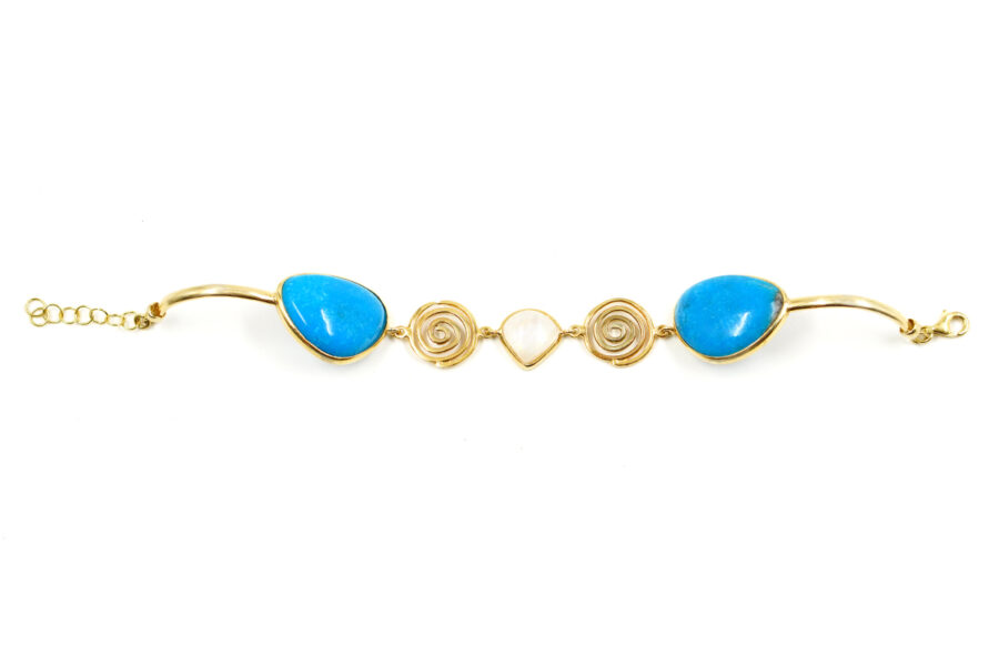 Bracciale in argento con turchese naturale, pietra di luna bianca - Dorato - immagine 2
