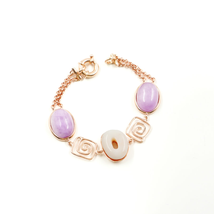 Bracciale in argento con corallo rosa, kunzite, chiusura in argento – Rosè