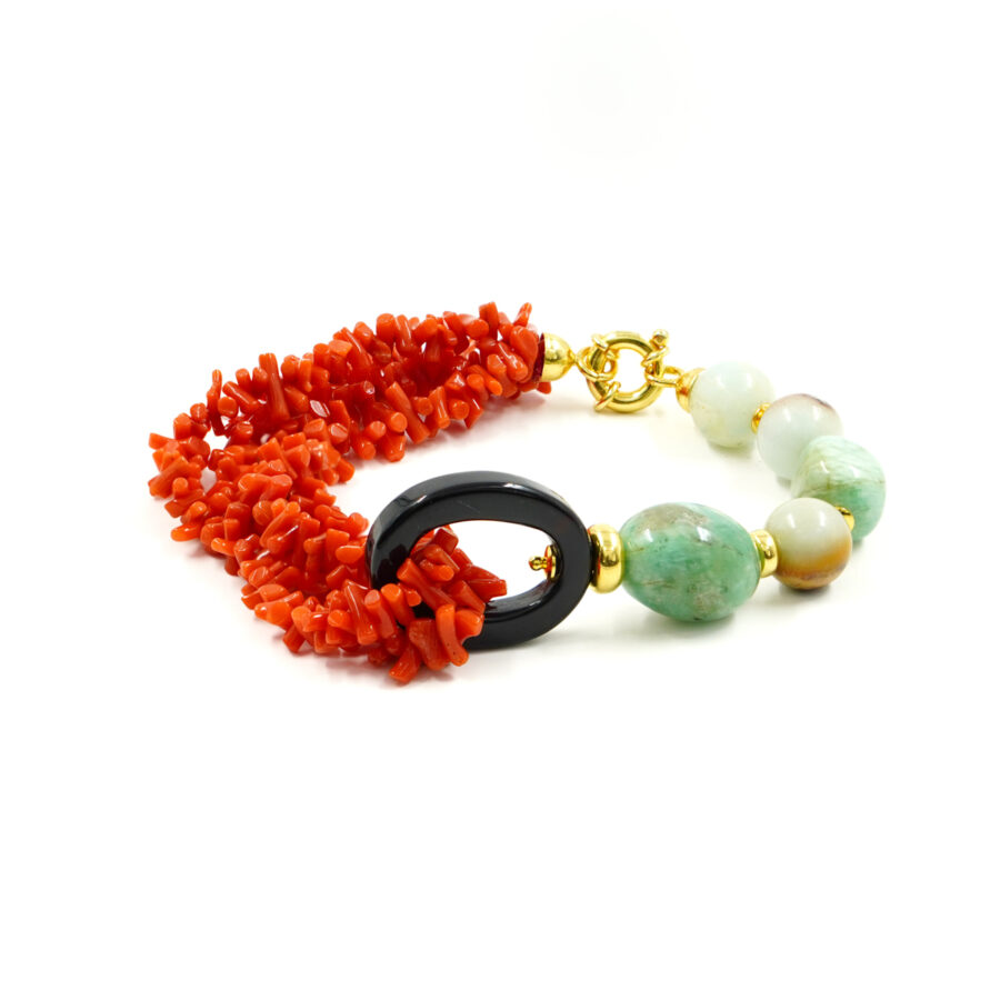 Bracciale Multifilo con amazzonite, corallo mediterraneo arancio, chiusura in argento – Dorato