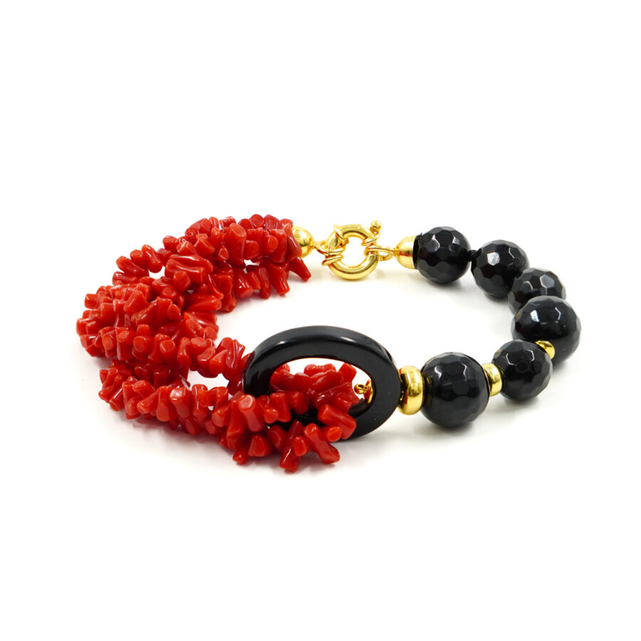 Bracciale Multifilo con agata nera, corallo mediterraneo rosso scuro, chiusura in argento – Dorato