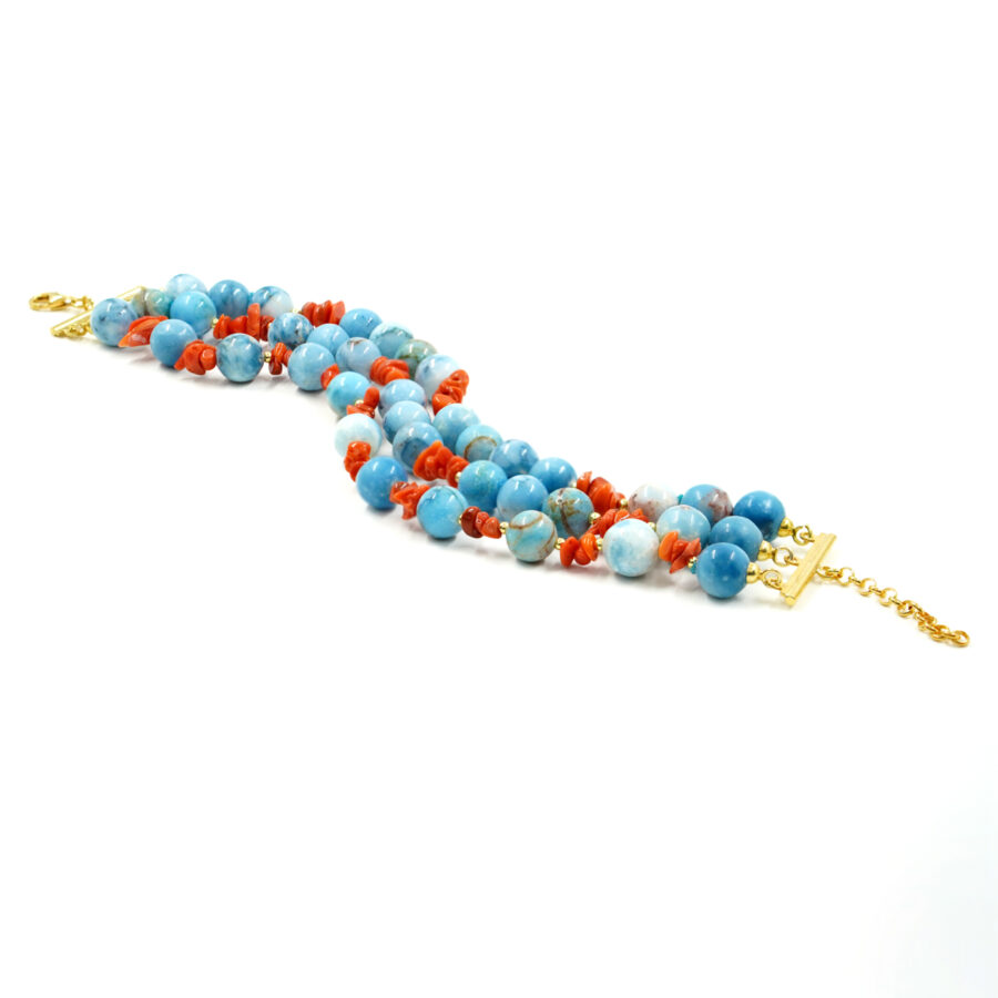 Bracciale Multifilo con larimar, corallo, ematite, chiusura in argento – Dorato
