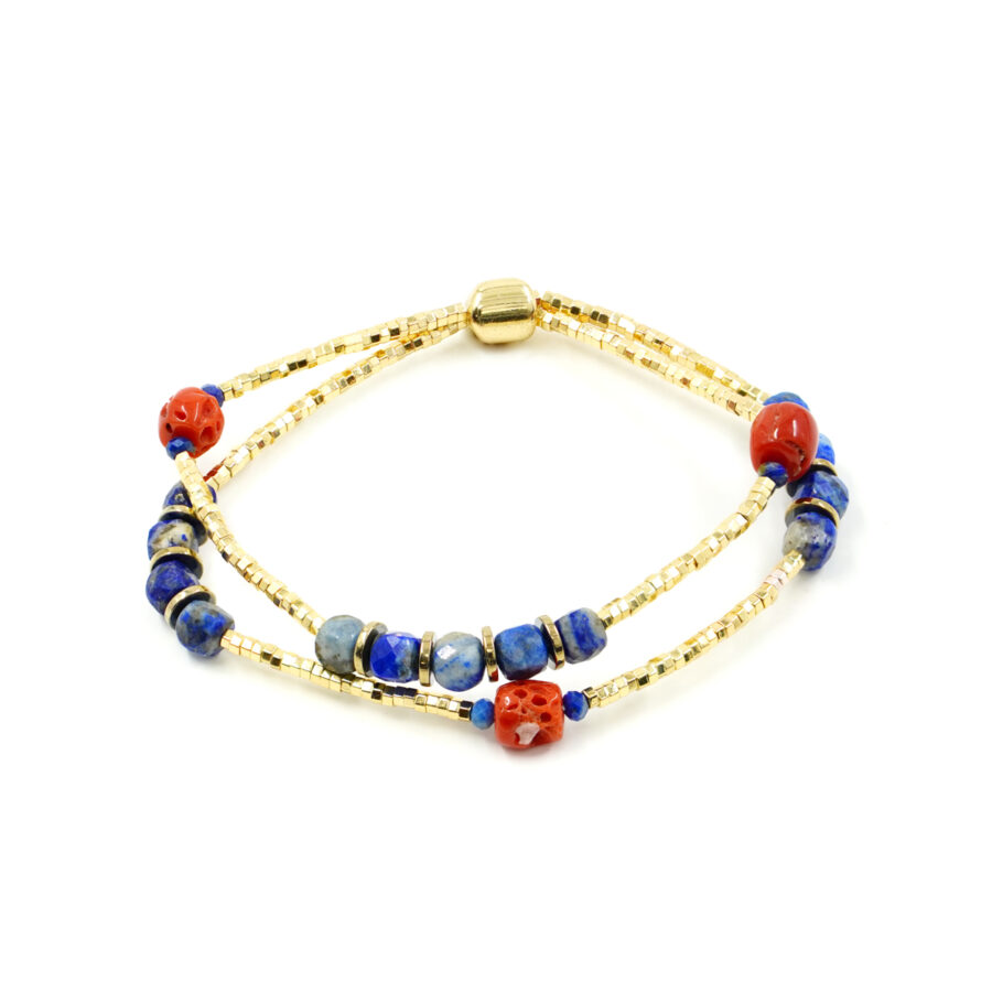 Bracciale Elastico Multifilo con ematite dorata, lapislazzuli, corallo