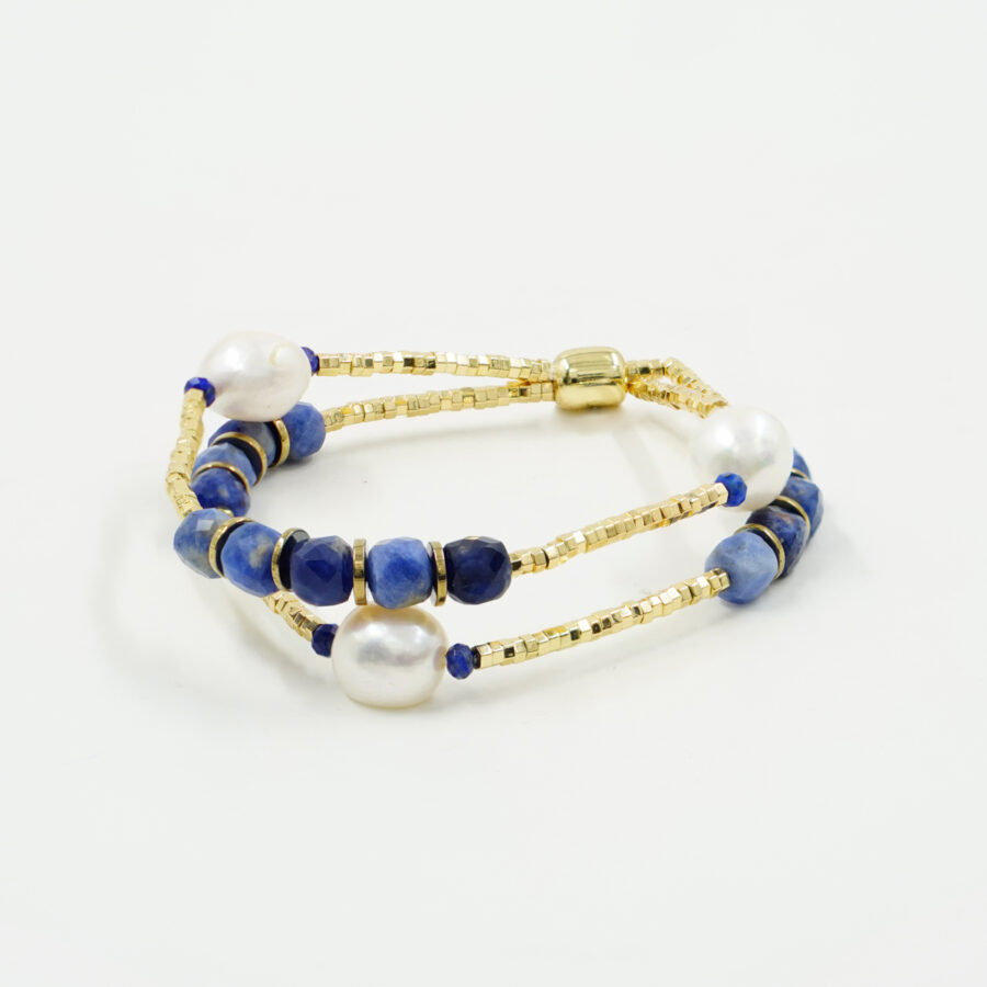 Bracciale Elastico Multifilo con ematite dorata, lapis, sodalite, perla