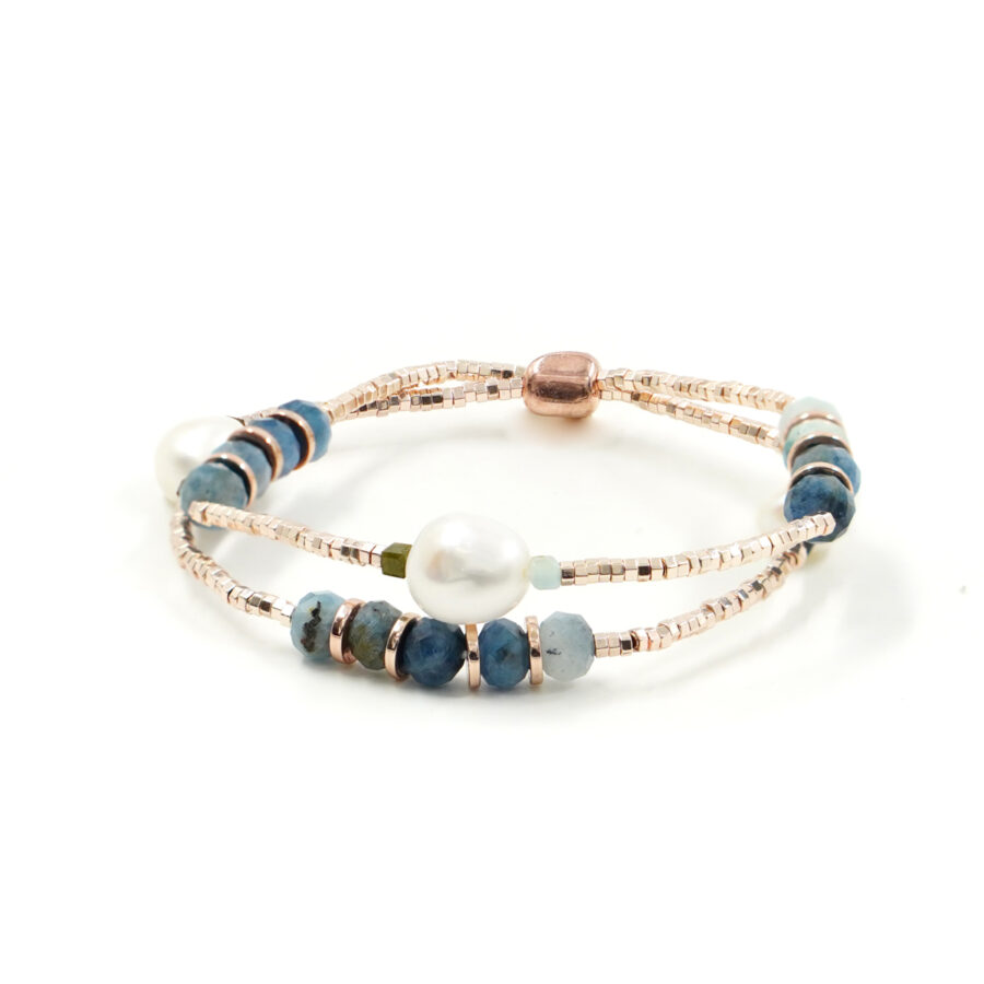 Bracciale Elastico Multifilo con ematite rosè, acquamarina, perla