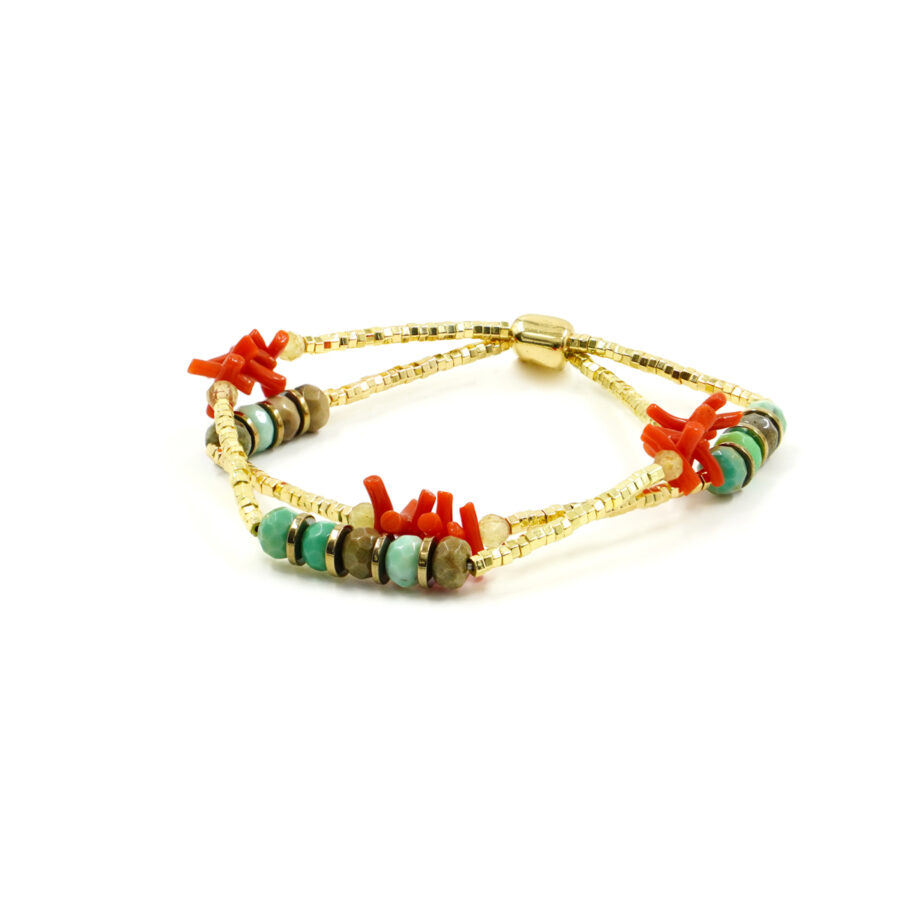 Bracciale Elastico Multifilo con ematite dorata, agata green grass, corallo, apatite gialla
