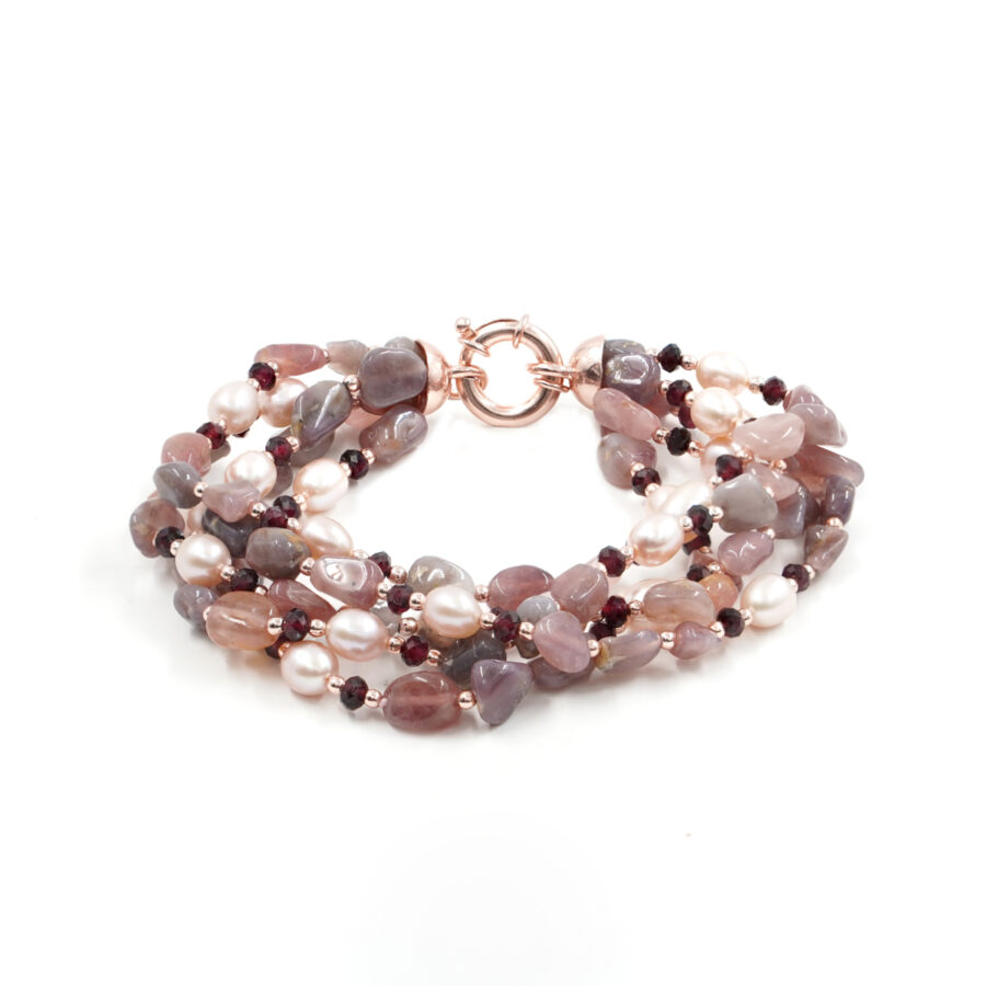 Bracciale Multifilo con tormalina, granato, perla, ematite, chiusura in argento – Rosè