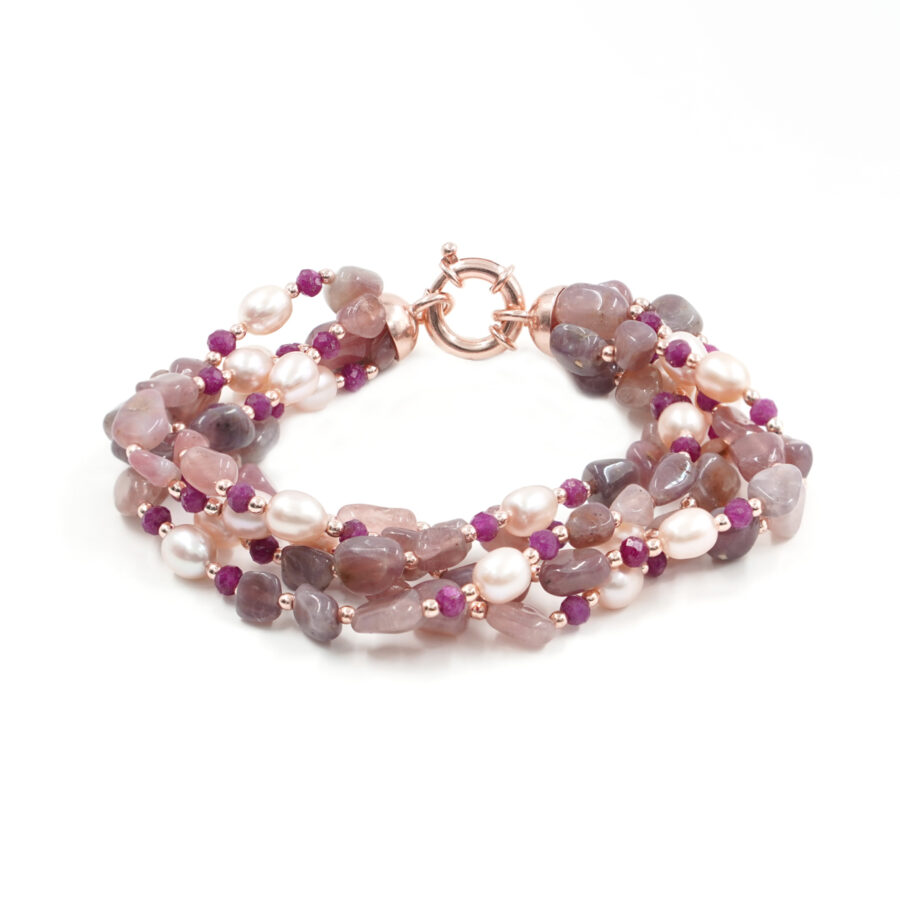 Bracciale Multifilo con tormalina, perla, ematite, chiusura in argento – Rosè