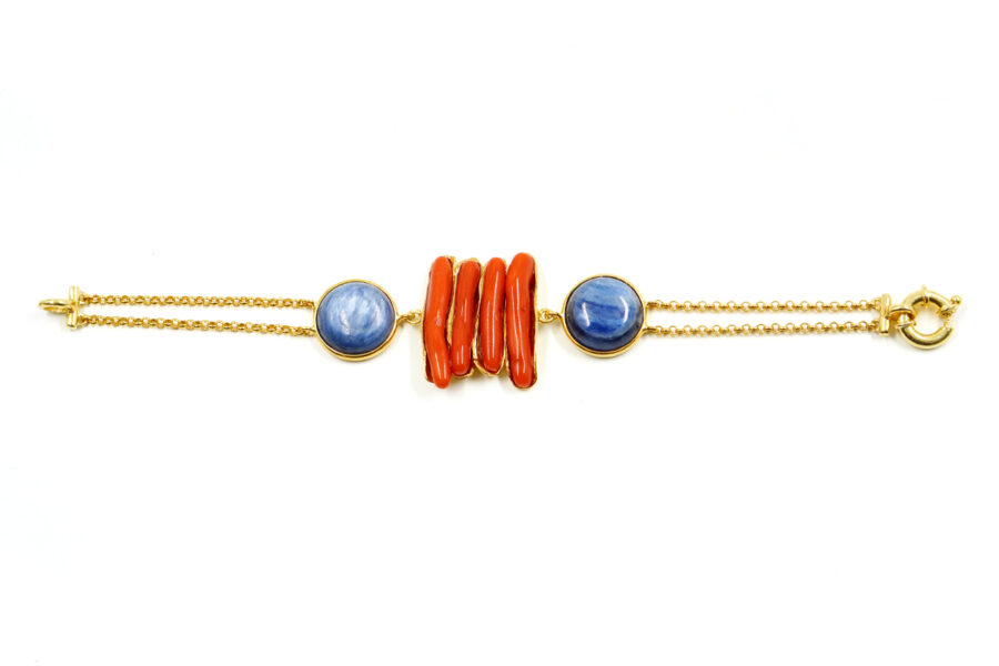 Bracciale in argento con cianite, corallo - Dorato - immagine 2