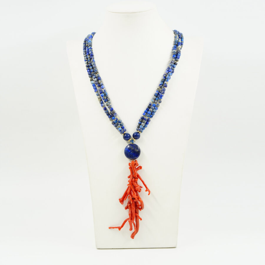 Collana Multifilo con lapis, corallo rosso, chiusura in argento – Dorato