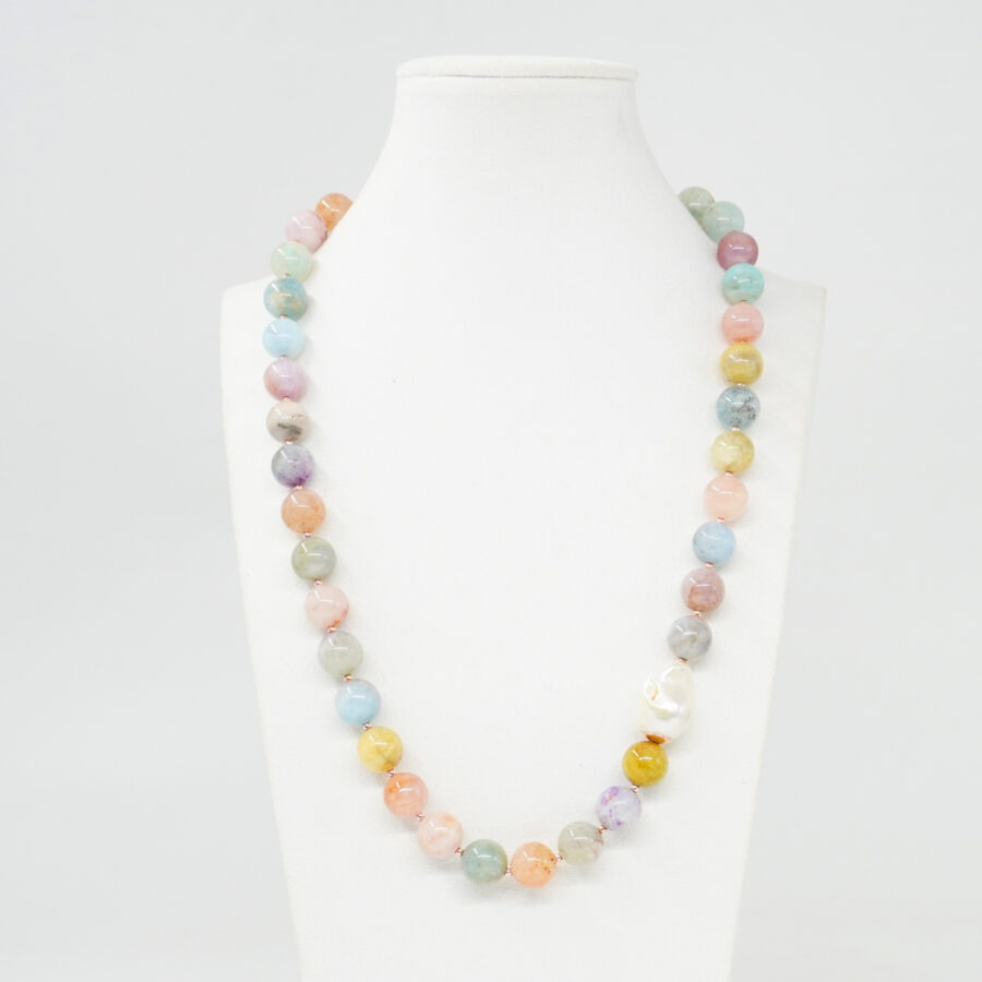 Collana con berillo, perla barocca e chiusura in argento – Rosè