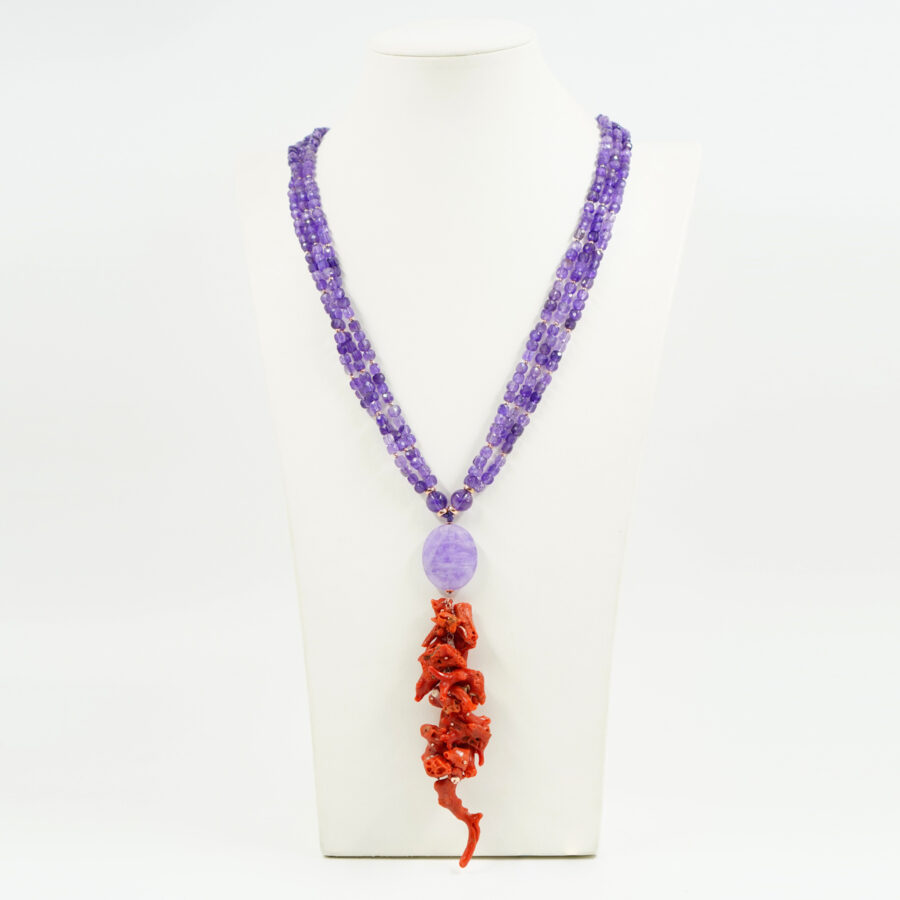 Collana Multifilo con ametista, corallo rosso, chiusura in argento – Rosè