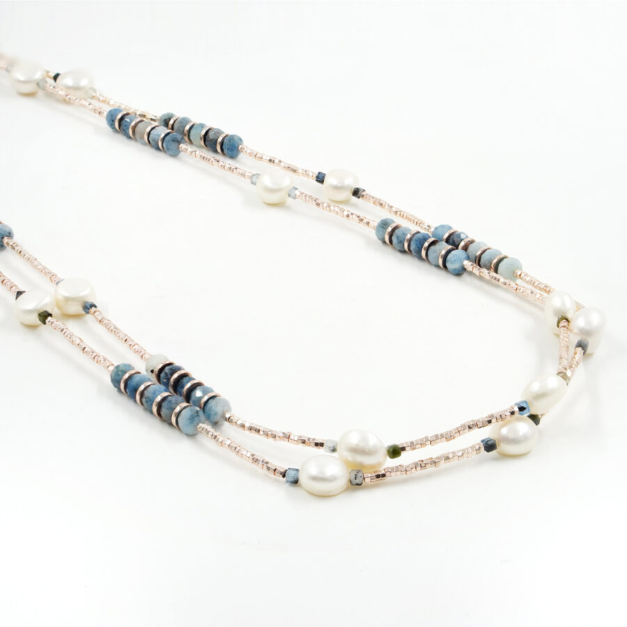 Collana Multifilo con ematite rosè, acquamarina, perla