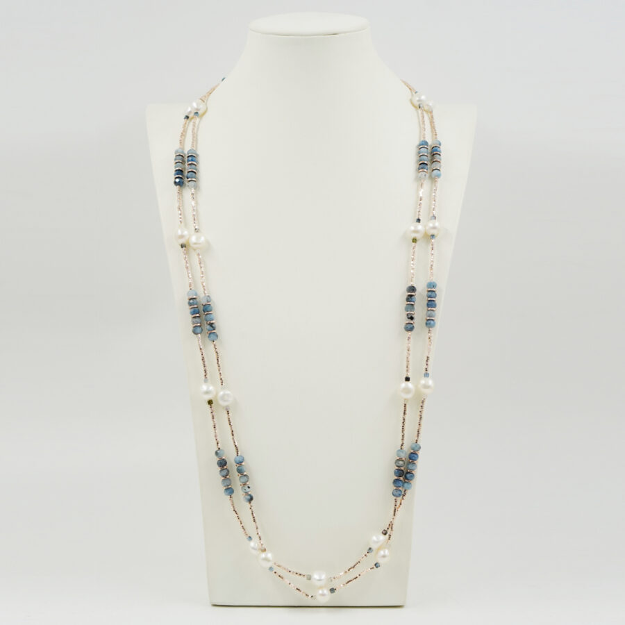 Collana Multifilo con ematite rosè, acquamarina, perla - immagine 2