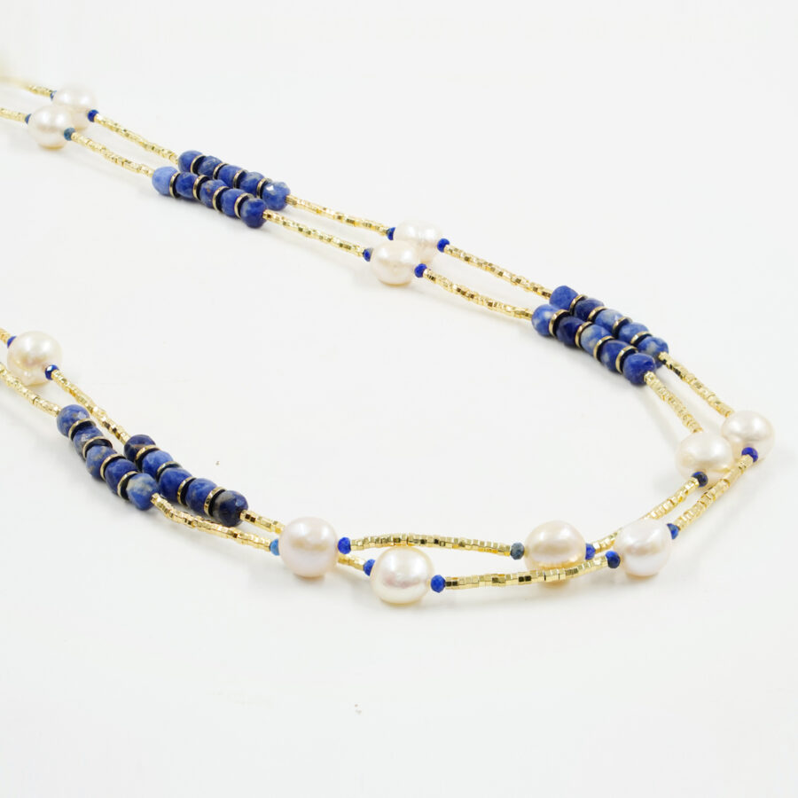 Collana Multifilo con ematite dorata, lapis, sodalite, perla