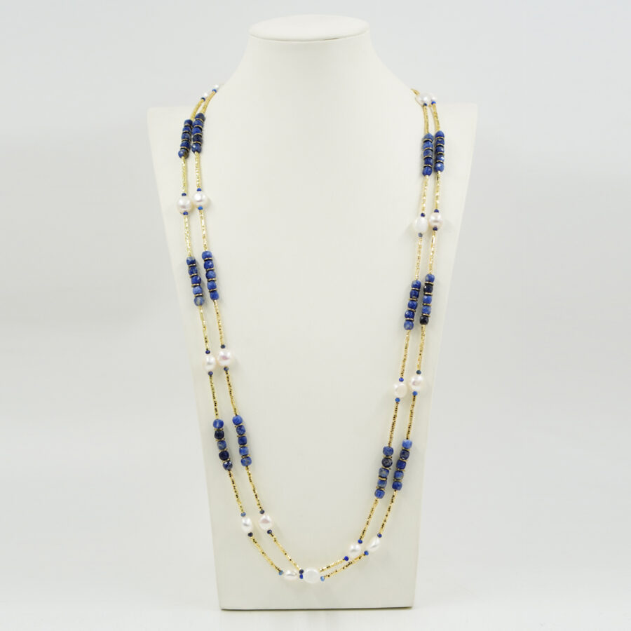 Collana Multifilo con ematite dorata, lapis, sodalite, perla - immagine 2