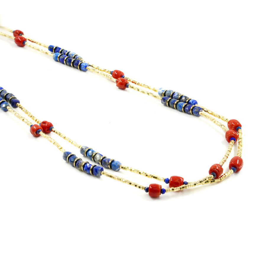 Collana Multifilo con ematite dorata, lapislazzuli, corallo